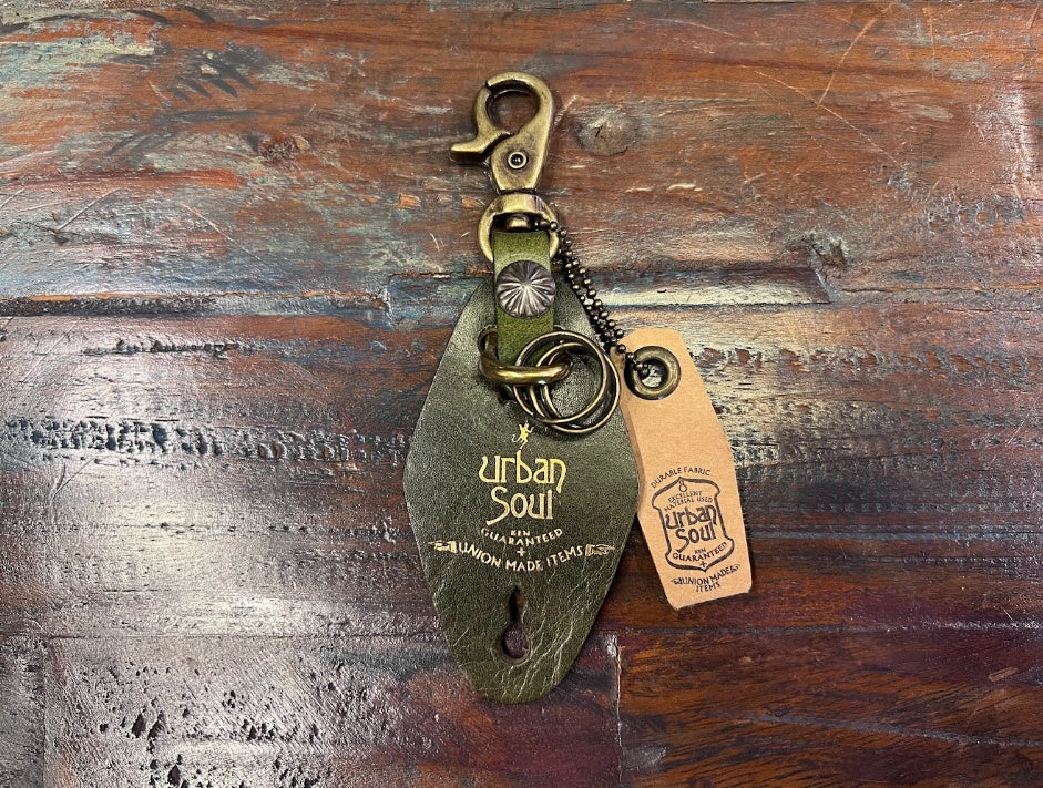 URBAN SOUL Olive Green Tea-Core Leather Hotel Key Tag Keychain
