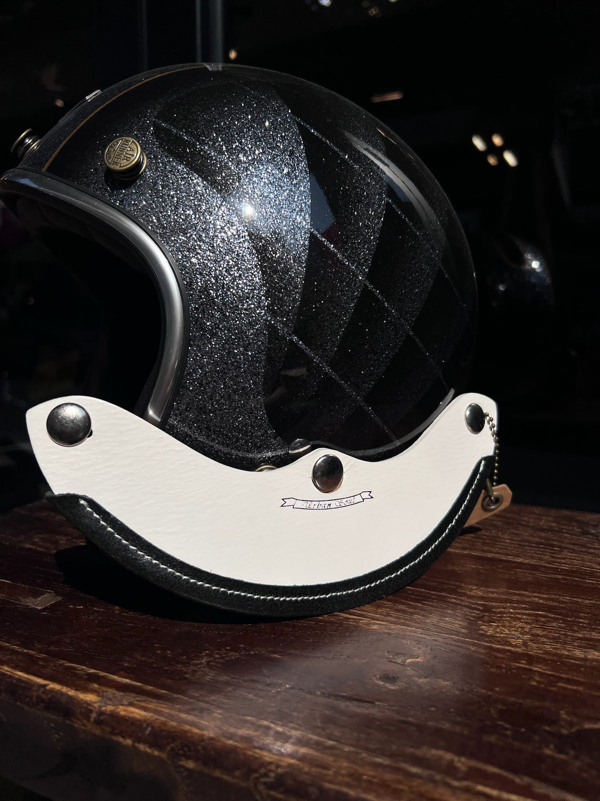 URBAN SOUL MUSE Vintage Short Bound-Edge Leather Helmet Visor - Black & White