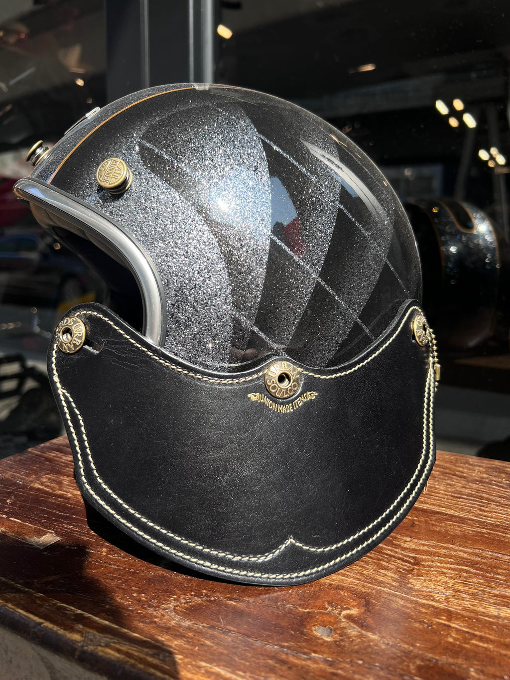 URBAN SOUL Vintage Stitched Leather Helmet Visor - Solid Black/Vintage Grey