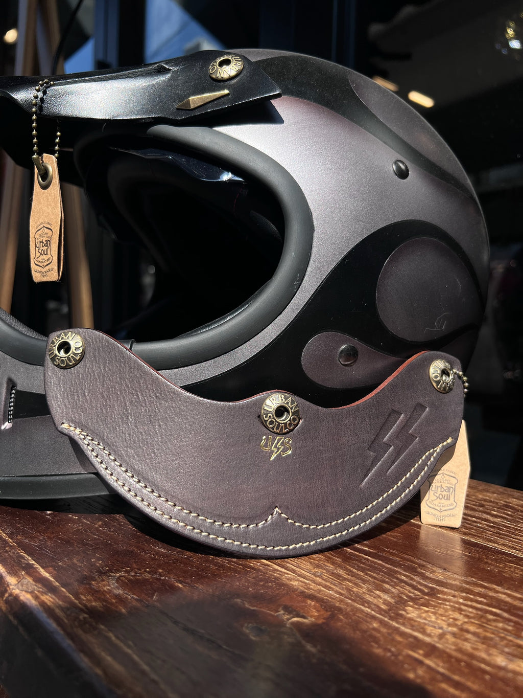 URBAN SOUL Vintage Lightning Stitched Short Leather Helmet Visor - Deep Brown