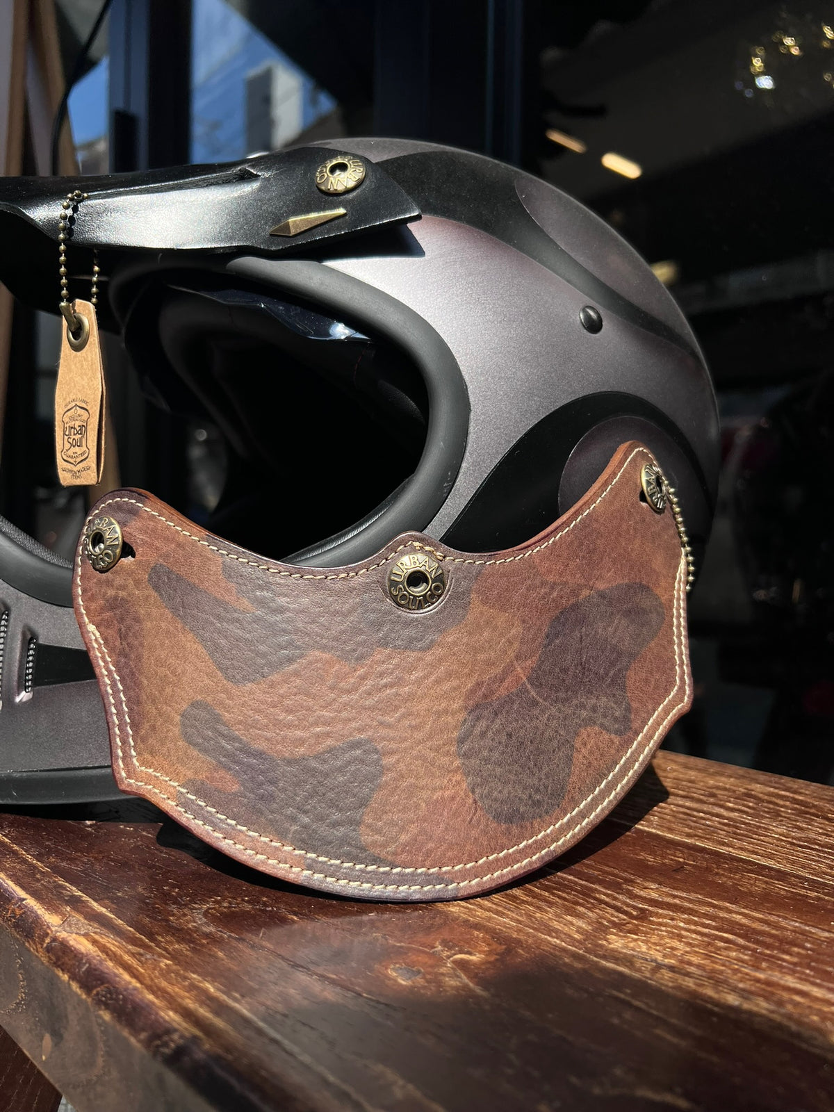 URBAN SOUL Camouflage Vintage Stitched Leather Helmet Visor