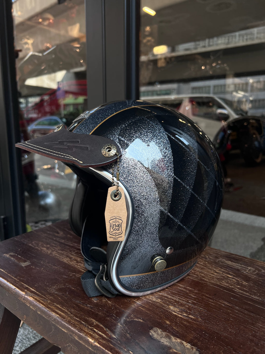 URBAN SOUL Vintage Lightning Stitched Short Leather Helmet Visor - Deep Brown