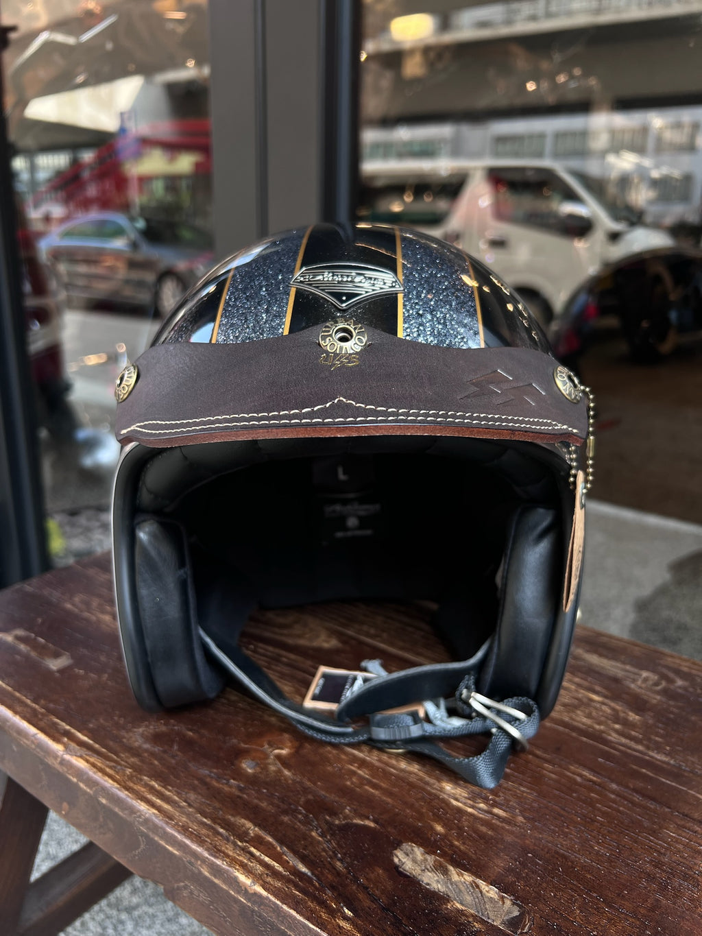 URBAN SOUL Vintage Lightning Stitched Short Leather Helmet Visor - Deep Brown
