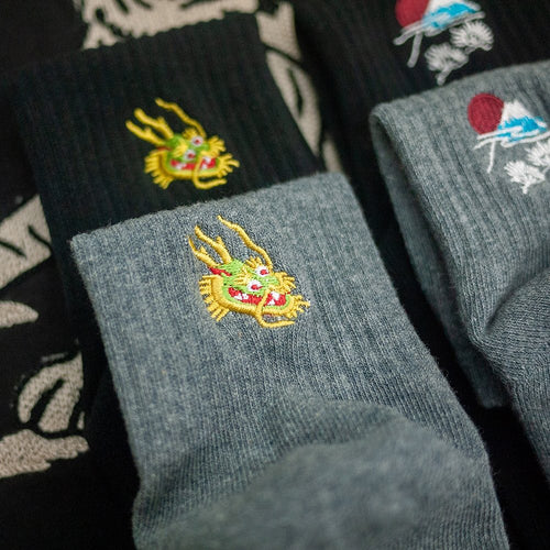 AFTERWORK "Eastern Dragon & Mount Fuji" Embroidered Crew Socks (3-Pack Set)