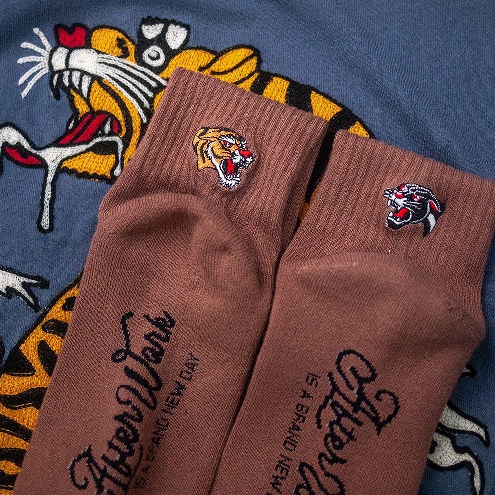 AFTERWORK Tiger & Panther Embroidered Crew Socks
