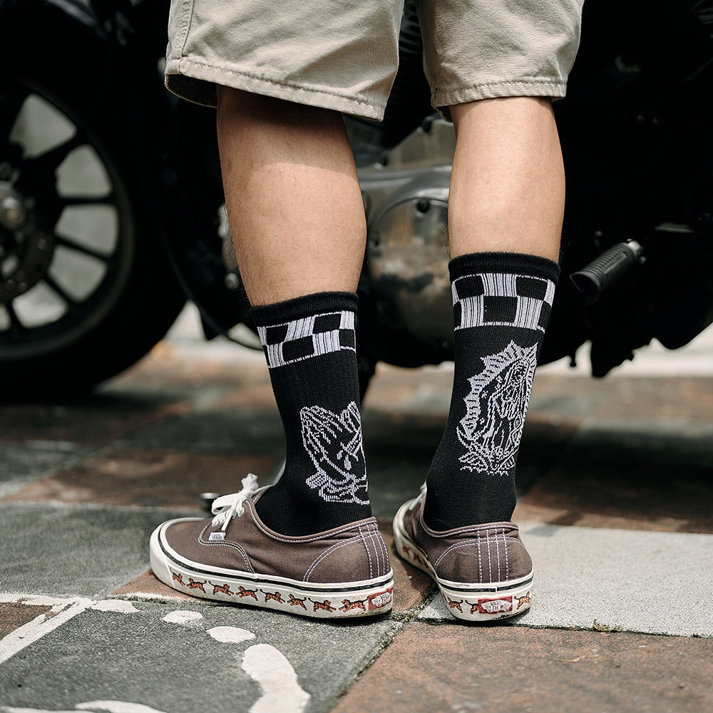 AFTERWORK Checkered "Virgin Mary & Praying Hands" Jacquard Crew Socks (Black & White)