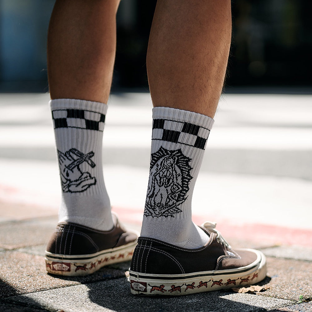 AFTERWORK Checkered "Virgin Mary & Praying Hands" Jacquard Crew Socks (Black & White)