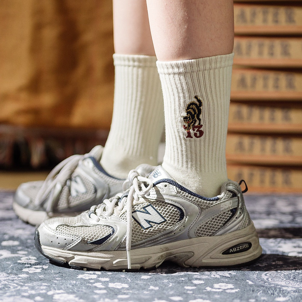 AFTERWORK Black Cat Embroidered Crew Socks