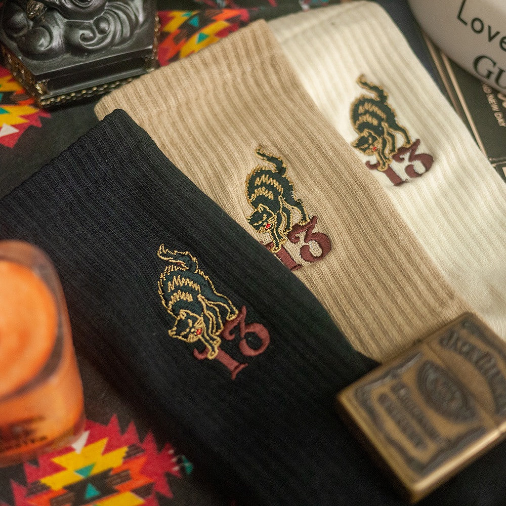 AFTERWORK Black Cat Embroidered Crew Socks