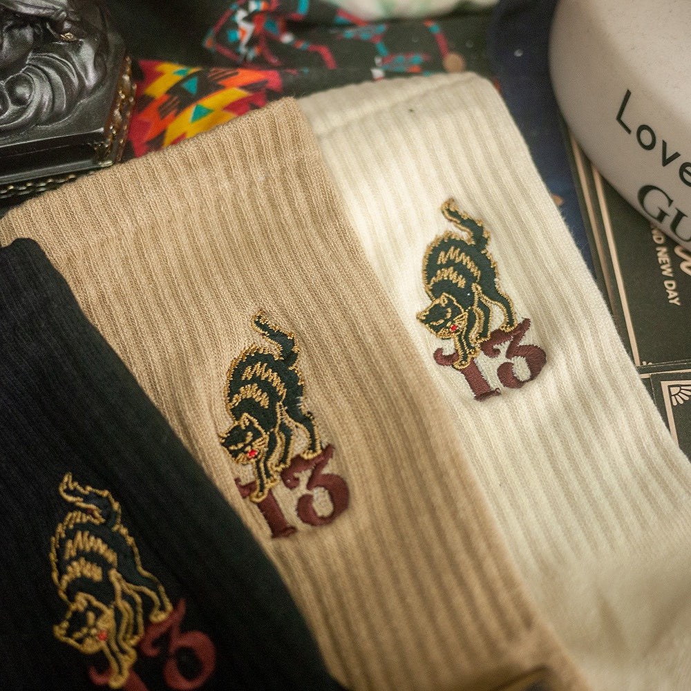 AFTERWORK Black Cat Embroidered Crew Socks