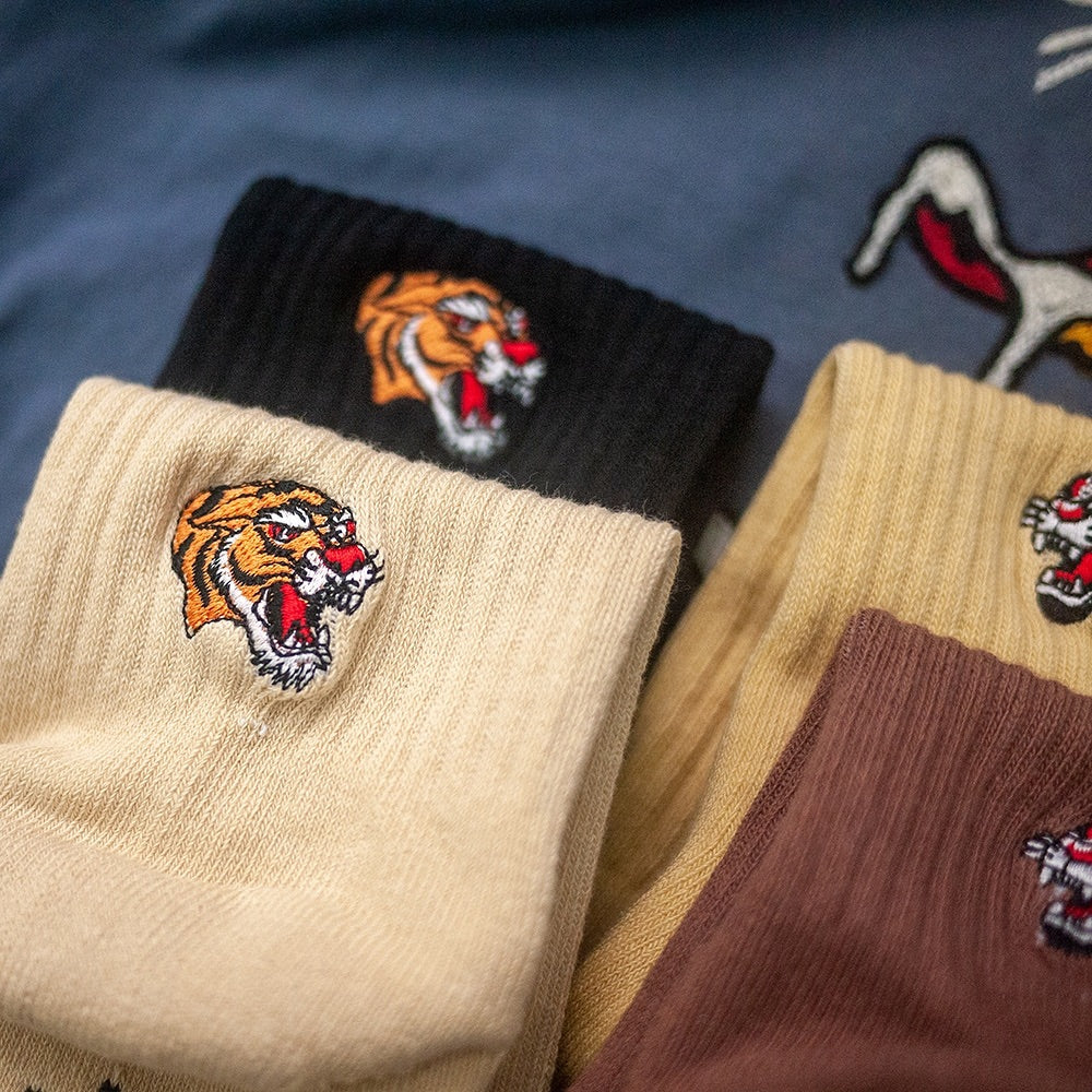 AFTERWORK Tiger & Panther Embroidered Crew Socks