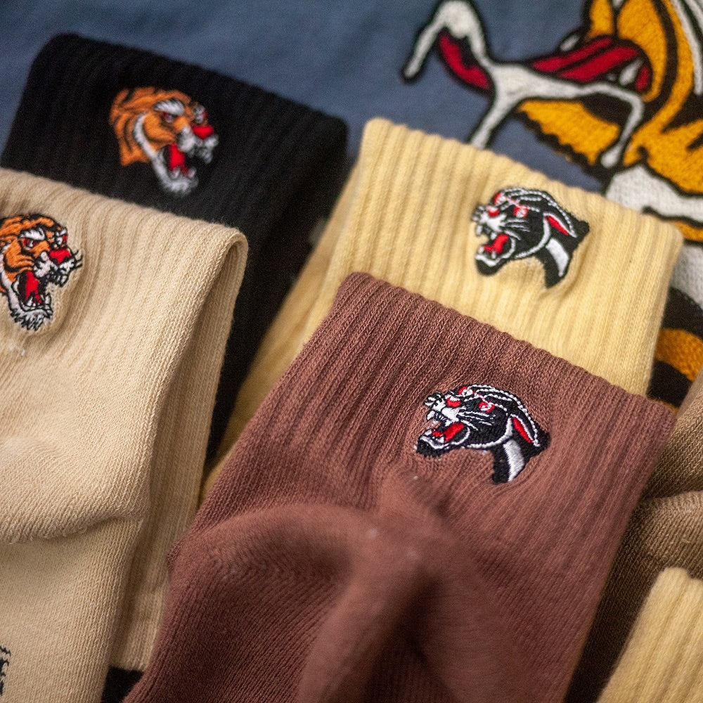 AFTERWORK Tiger & Panther Embroidered Crew Socks