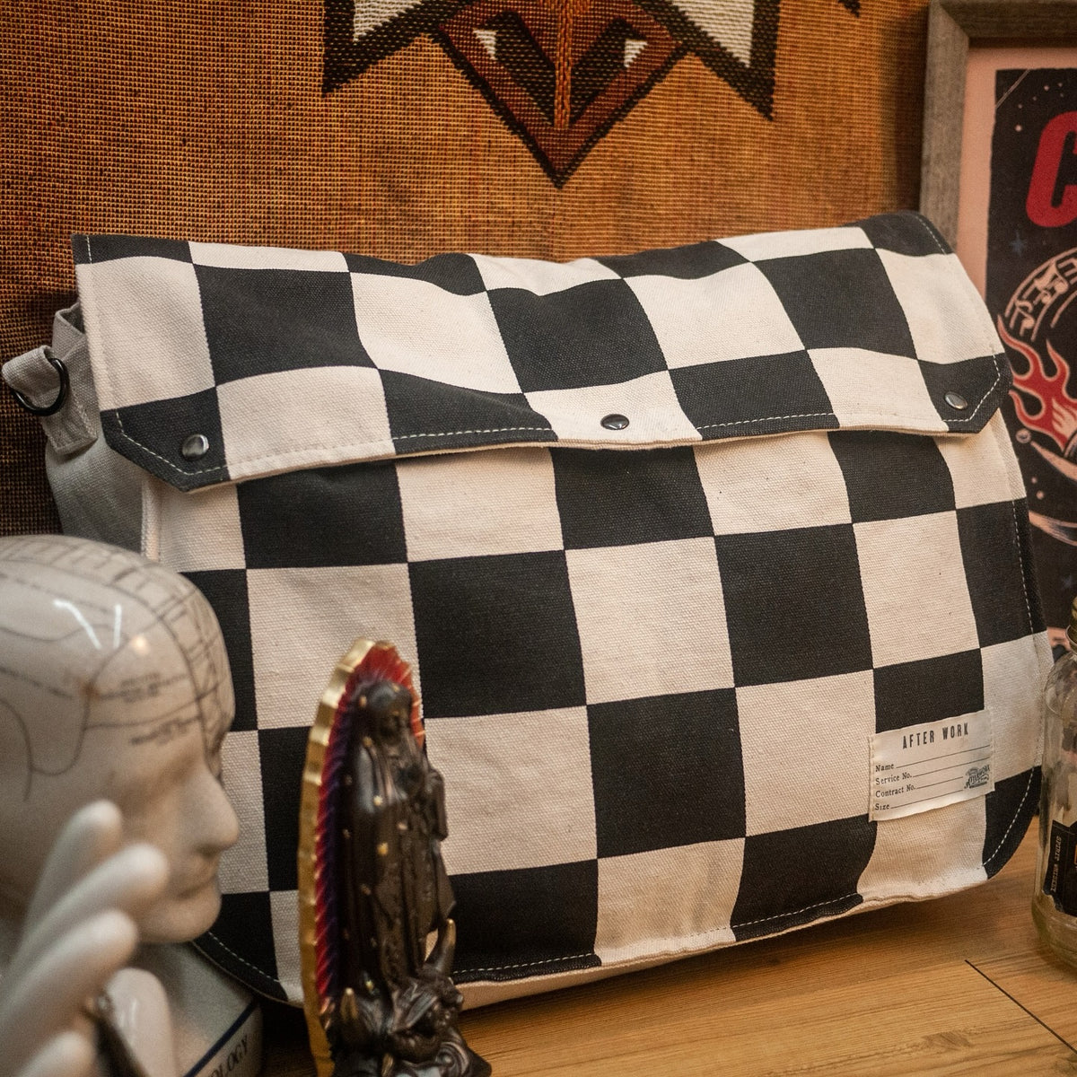 AFTERWORK Checkerboard Canvas Messenger Bag (Black & White / Retro U.S. Mail Bag Style)