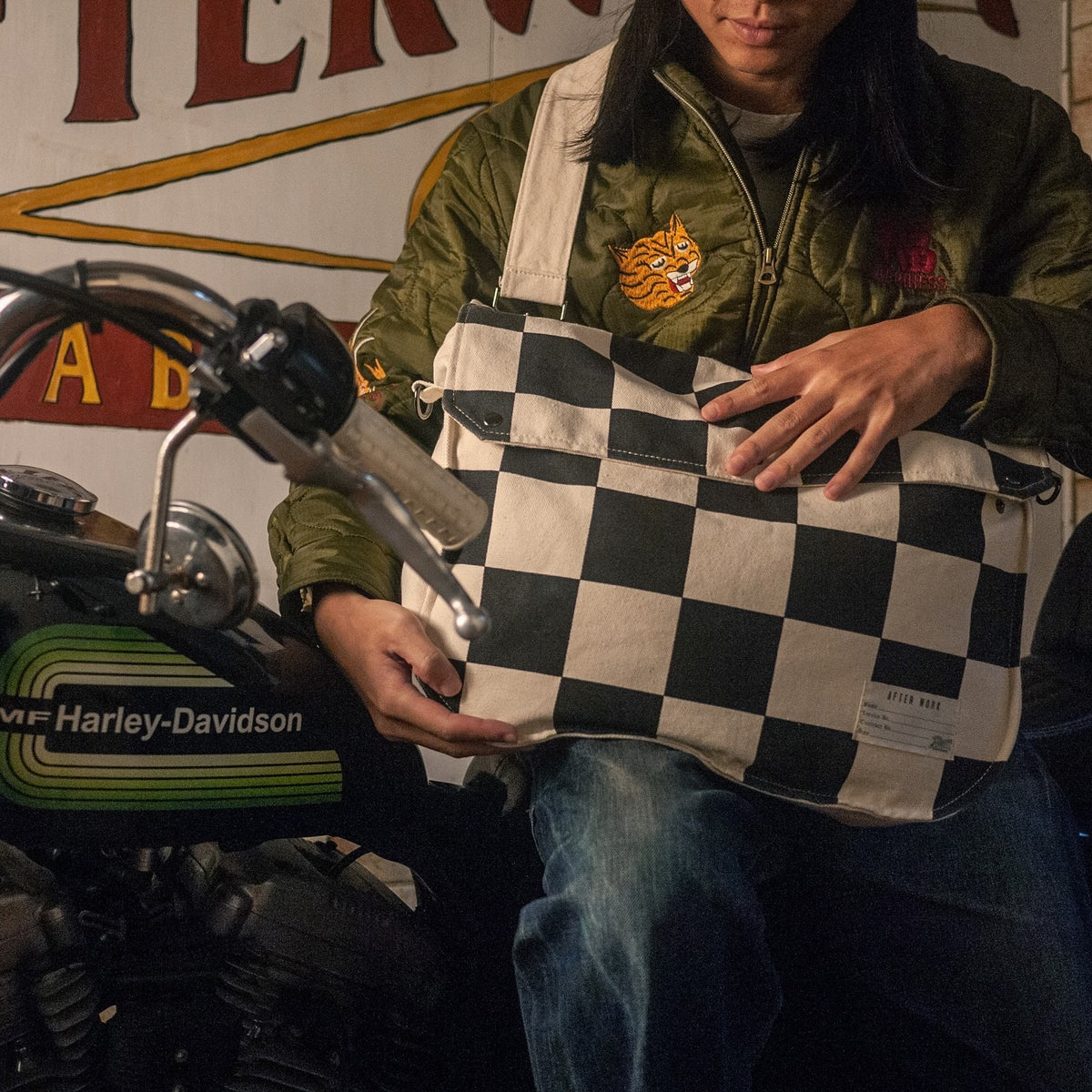 AFTERWORK Checkerboard Canvas Messenger Bag (Black & White / Retro U.S. Mail Bag Style)