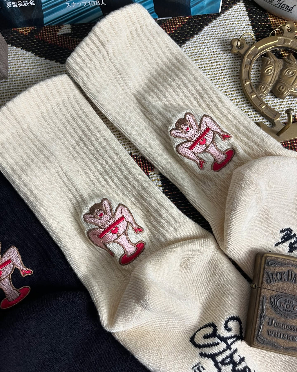 AFTERWORK Pin-Up Champagne Glass Girl Embroidered Crew Socks