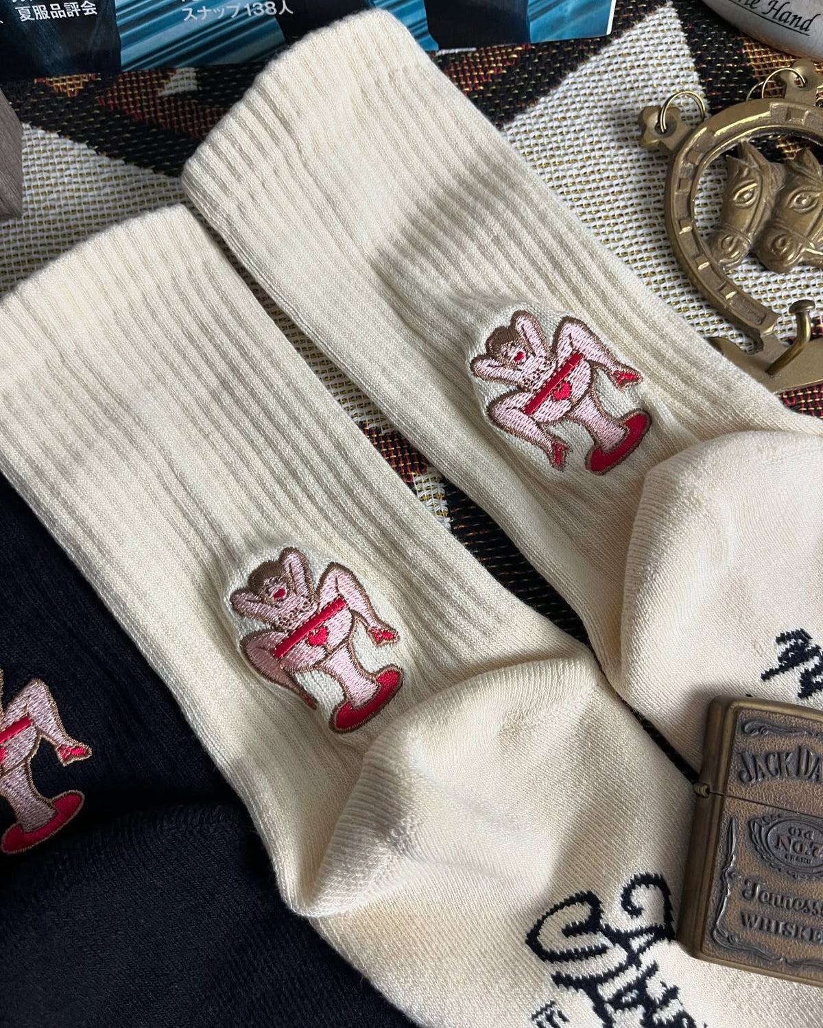 AFTERWORK Pin-Up Champagne Glass Girl Embroidered Crew Socks