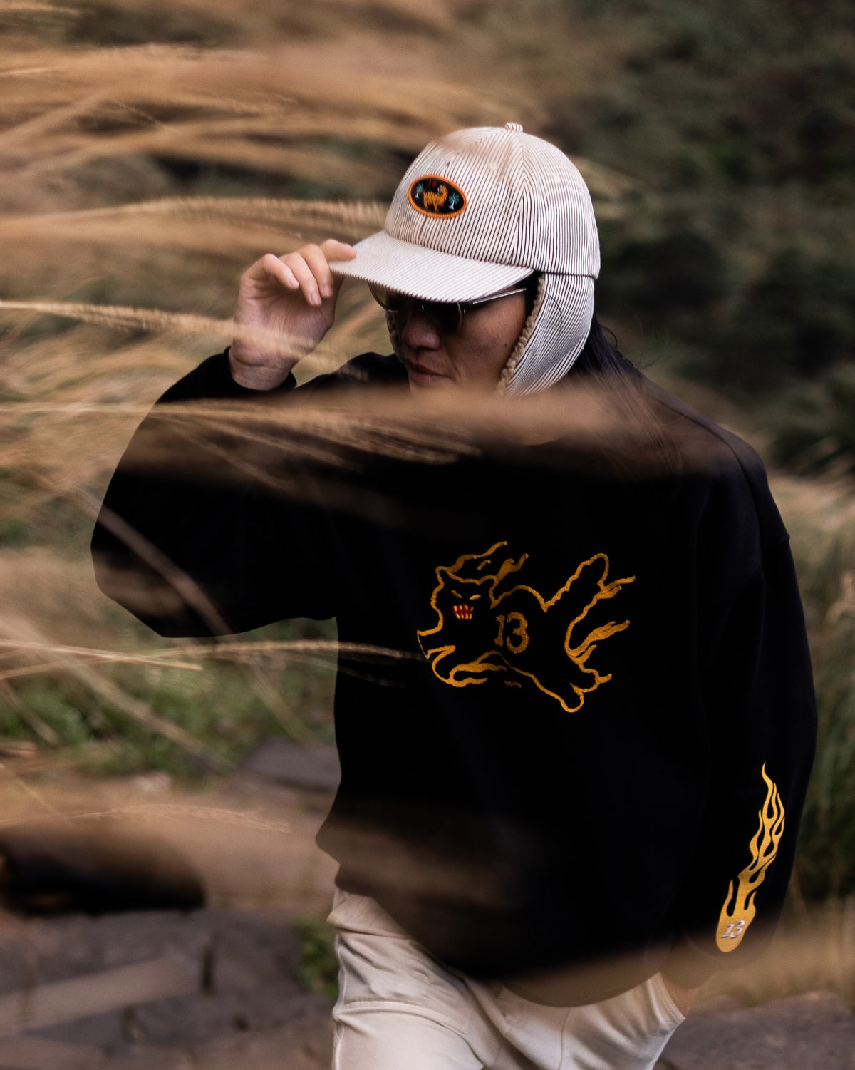 AFTERWORK 13 Flame Black Cat Crewneck Sweatshirt (Black / Multi-Technique Embroidery)