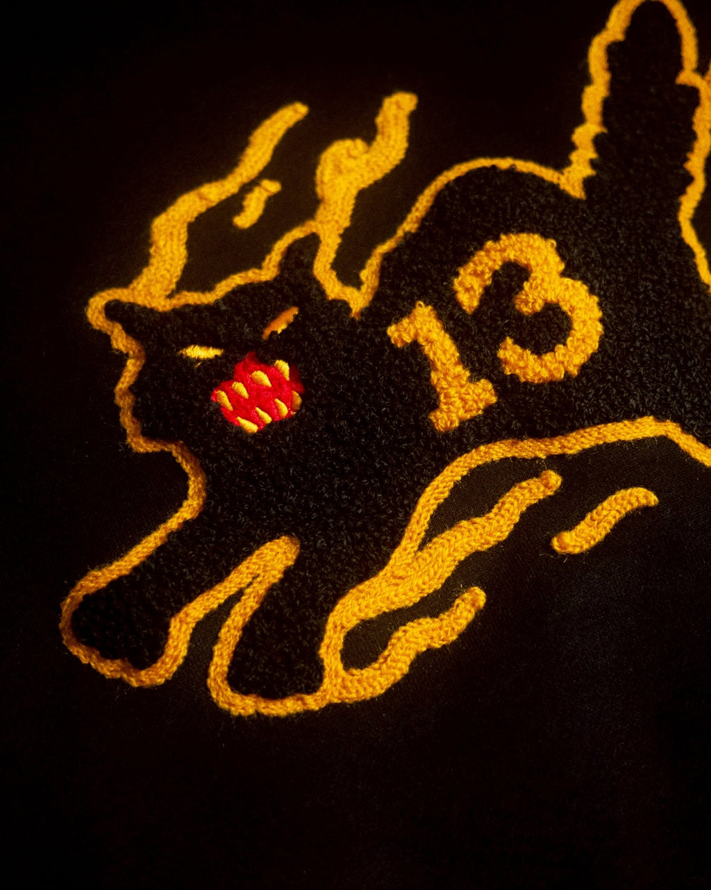 AFTERWORK 13 Flame Black Cat Crewneck Sweatshirt (Black / Multi-Technique Embroidery)