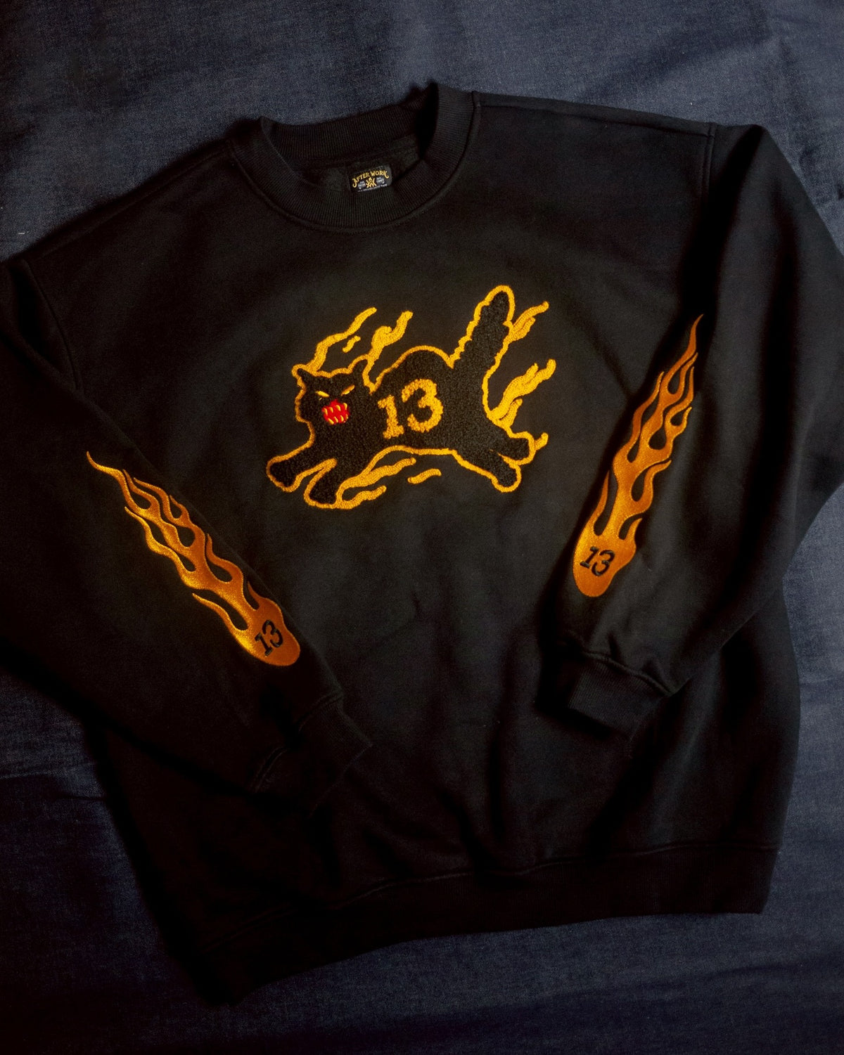 AFTERWORK 13 Flame Black Cat Crewneck Sweatshirt (Black / Multi-Technique Embroidery)