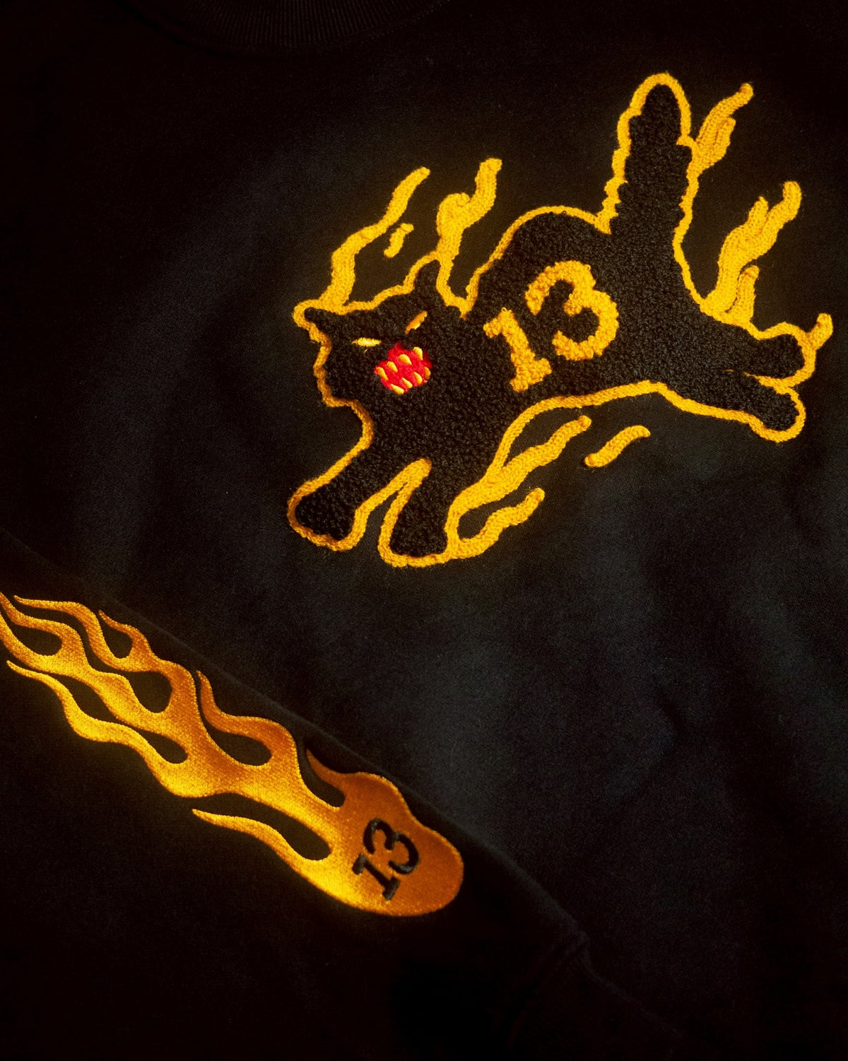 AFTERWORK 13 Flame Black Cat Crewneck Sweatshirt (Black / Multi-Technique Embroidery)