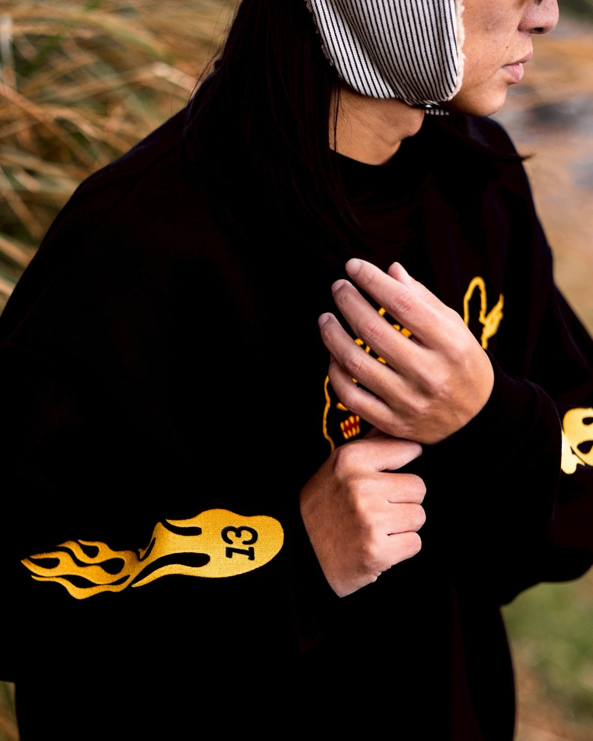 AFTERWORK 13 Flame Black Cat Crewneck Sweatshirt (Black / Multi-Technique Embroidery)