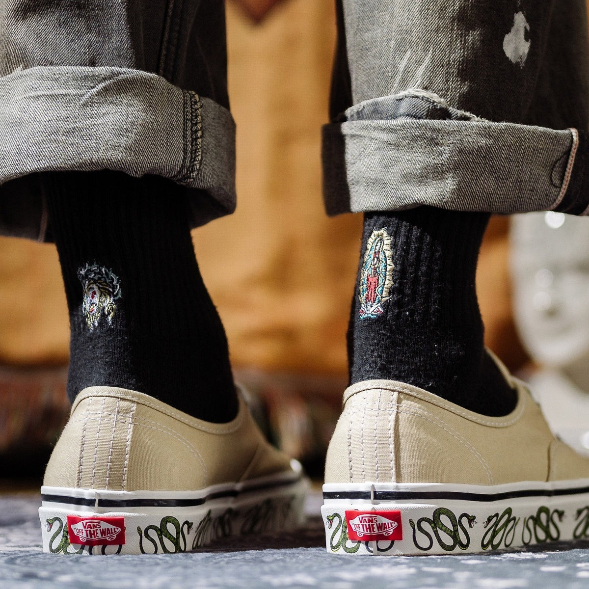 AFTERWORK "Virgin Mary & Sacred Heart / Crown of Thorns" Rear Heel Embroidered Crew Socks