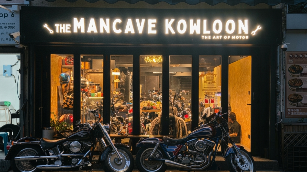 Storefront of 'The Mancave Kowloon' with Harley Davidson motorcycles in front