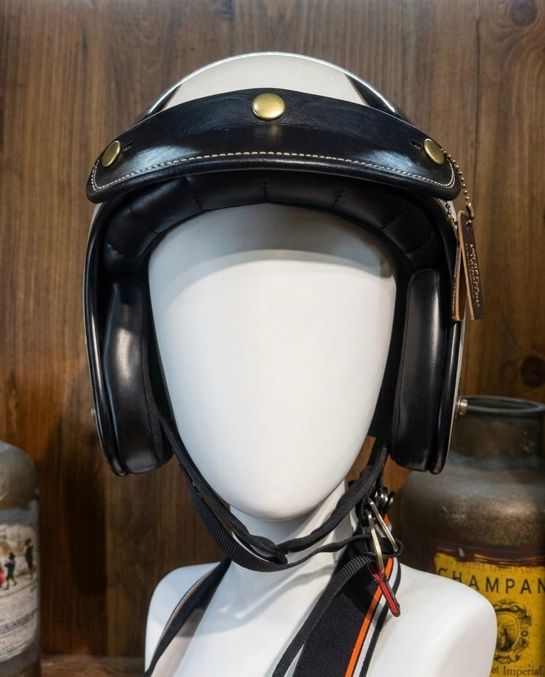 URBAN SOUL Vintage Stitched Leather Helmet Visor - Solid Black/Vintage Grey