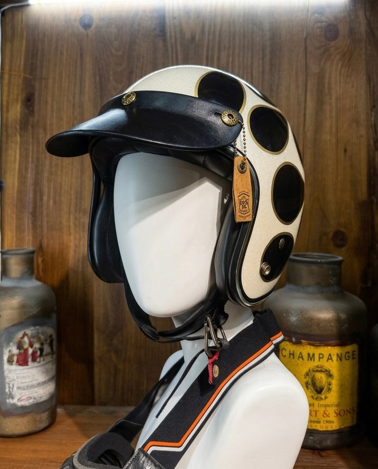 URBAN SOUL Vintage Stitched Leather Helmet Visor - Solid Black/Vintage Grey