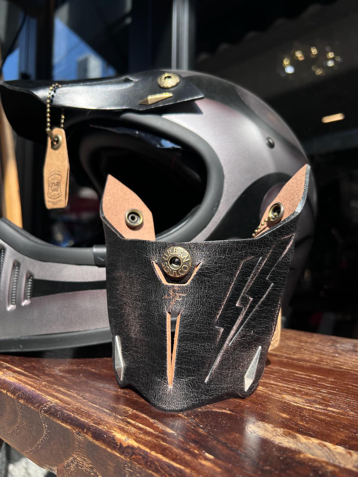 Taiwan brand Air Runner helmet and Urban Soul leather visor display in The Mancave Kowloon Harley Davidson motorcycles repair shop