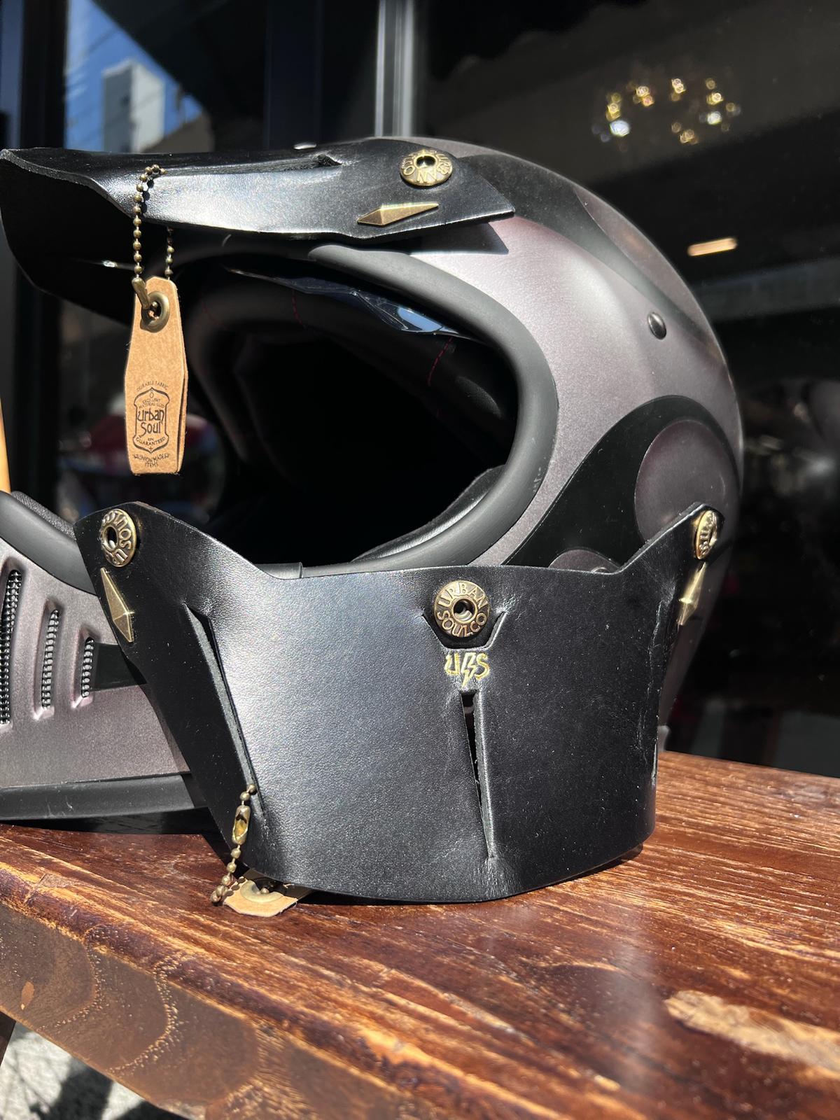 Taiwan brand Air Runner helmet and Urban Soul leather visor display in The Mancave Kowloon Harley Davidson motorcycles repair shop
